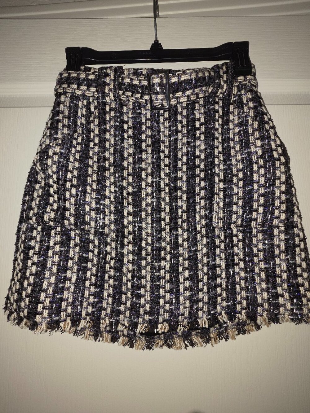 Ramy Brook Ashley Belted Metallic Tweed Fringe Mini Skirt Size 0 NWT